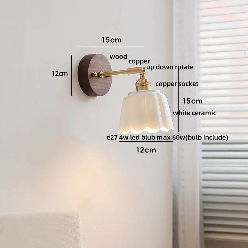 Afralia™ White Flower Ceramic LED Wall Sconce with Wood Base and Copper Rotate