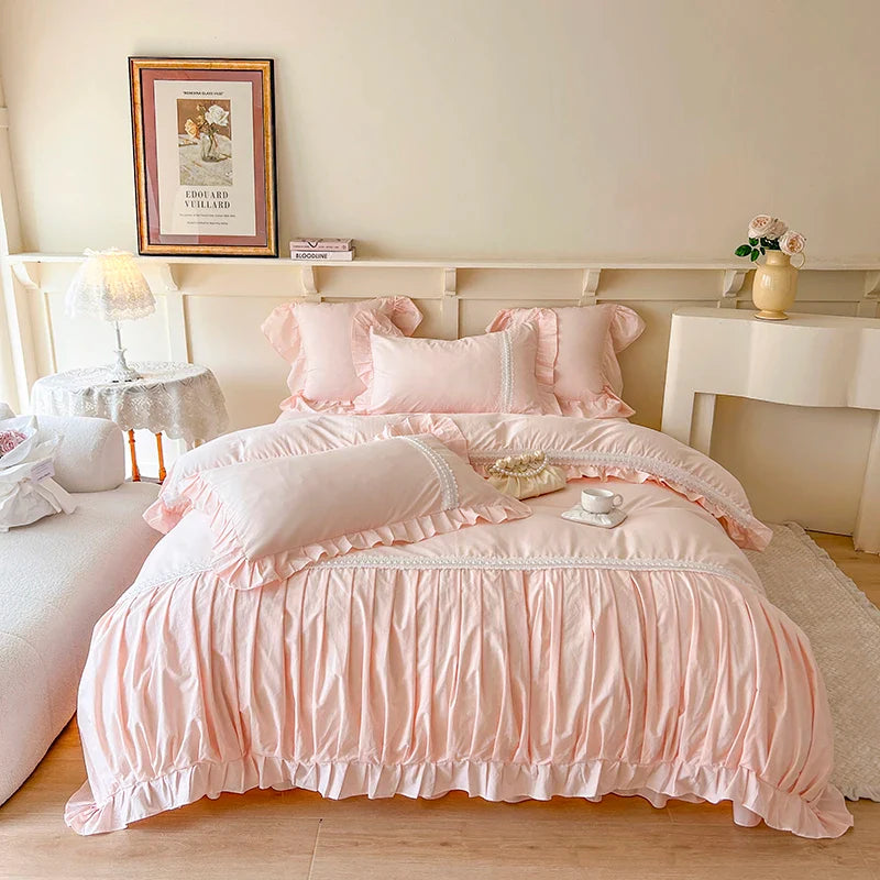 Afralia™ Pleat Ruffles Patchwork Cotton Bedding Set with Pink & White French Style