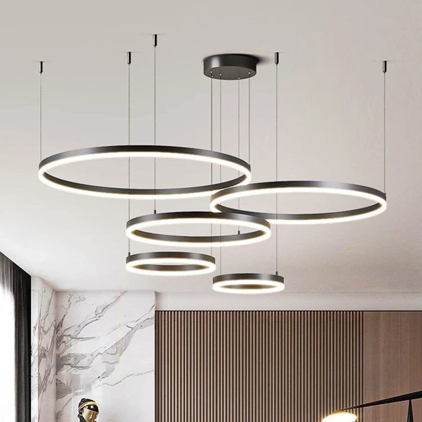 Afralia™ Brushed Rings LED Pendant Chandelier in Gold Coffee Color