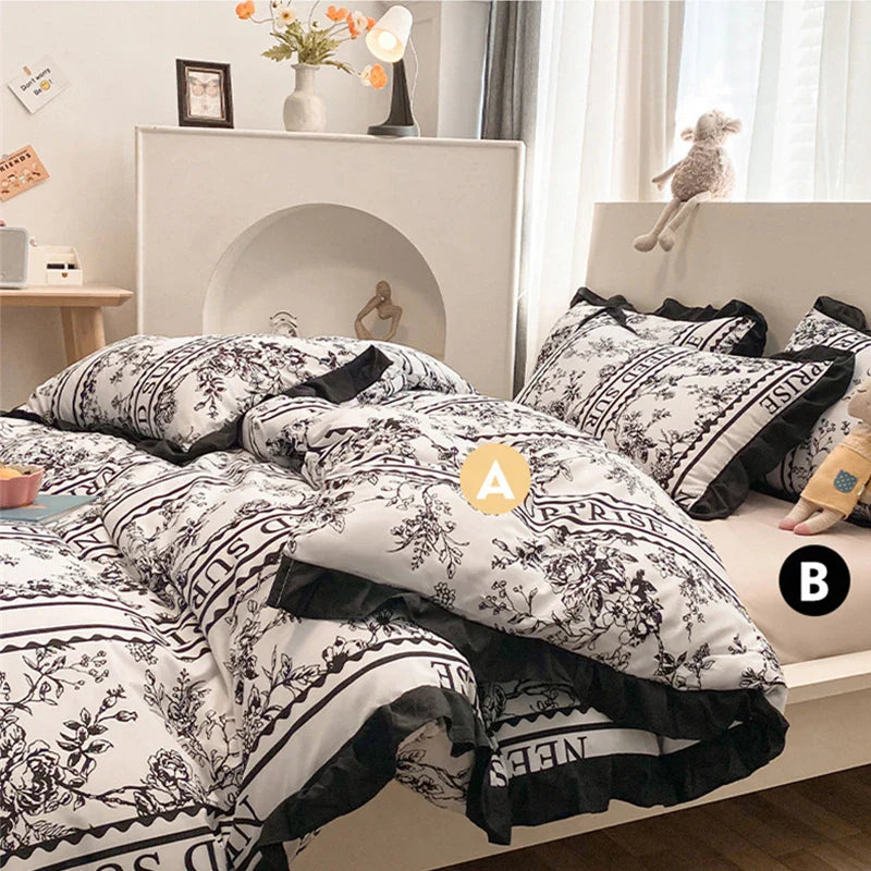 Afralia™ Princess Style Ruffles Duvet Cover Set with Flower Print and Pillow Case