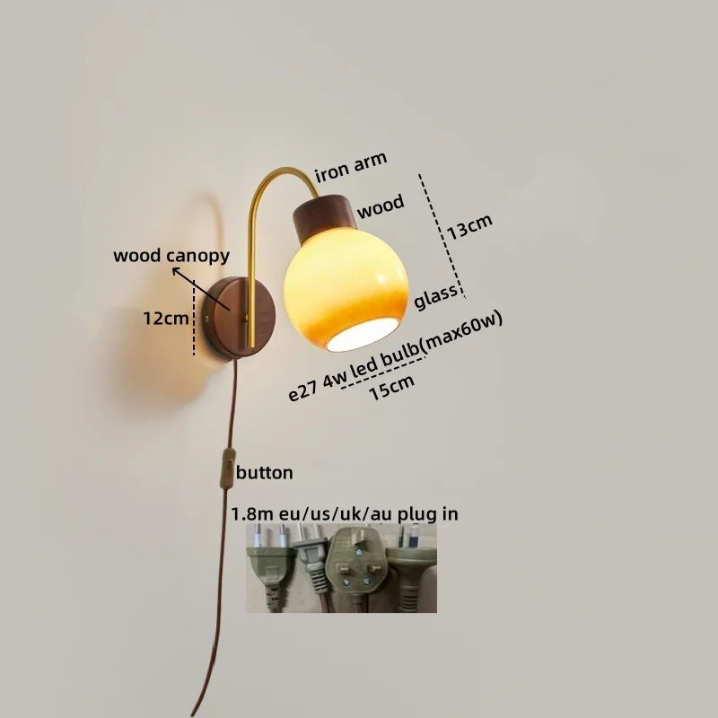 Afralia™ Ceramic Wood LED Wall Sconce Pull Chain Switch for Living Room Bedroom Hallway