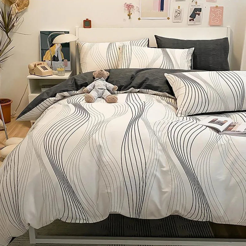 Afralia™ Pure Cotton Striped Bedding Set Duvet Cover Fitted Sheet Kit for Single/Double