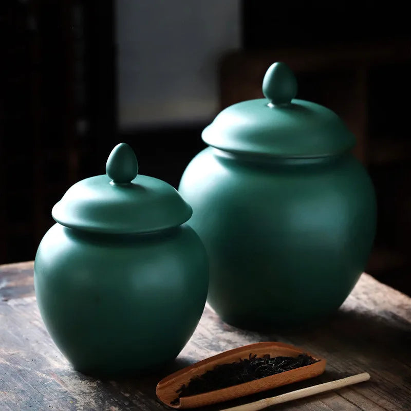 Afralia™ Green Ceramic Tea Caddy Jar: Airtight Porcelain Storage Container, Kitchen Decoration Bottle