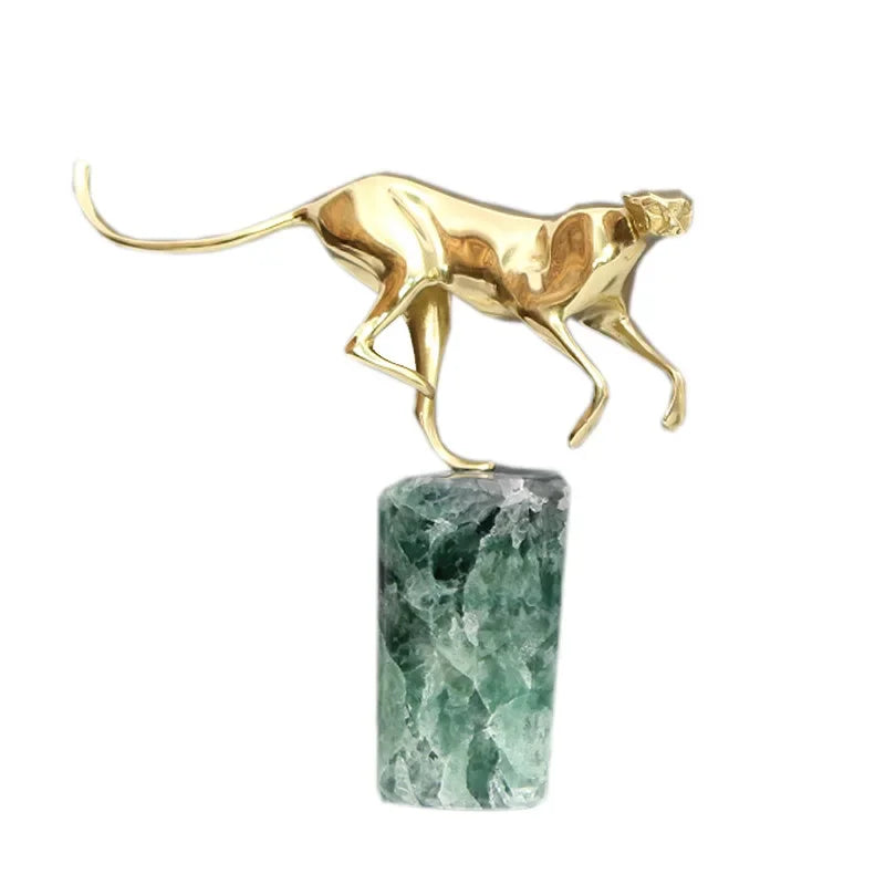 Afralia™ Golden Leopard Brass Cheetah Figurine Green Marble Base Metal DecorAccessory