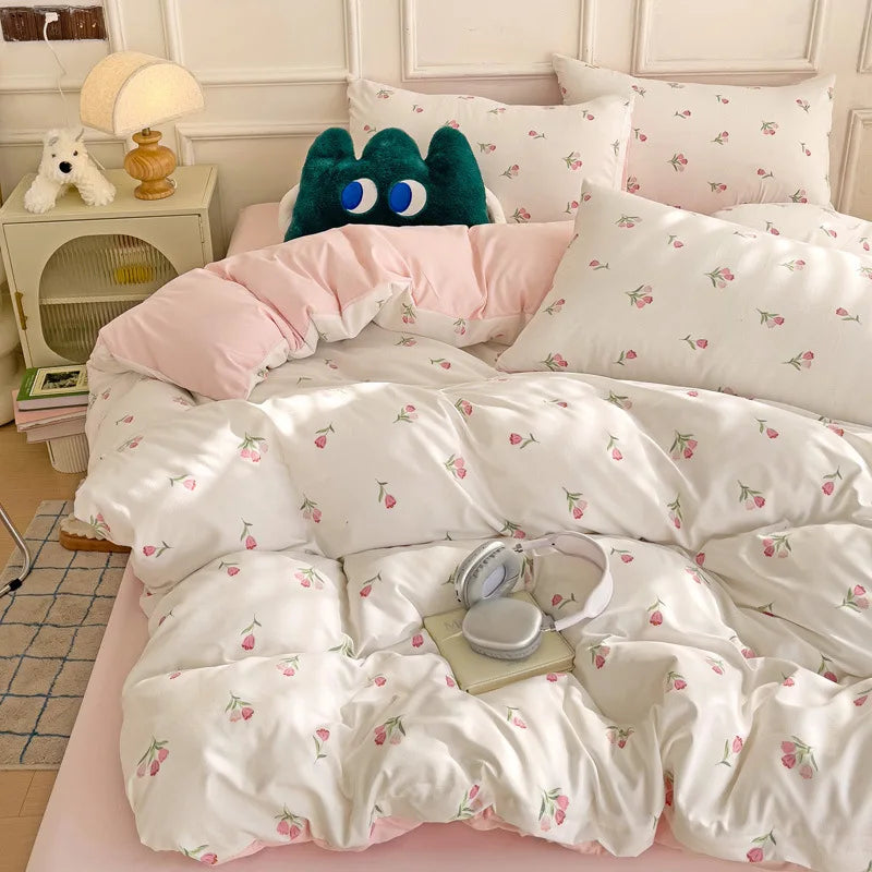Afralia™ Cartoon Heart Plant Floral Print 3Pcs Set (Duvet Cover + Pillowcases)