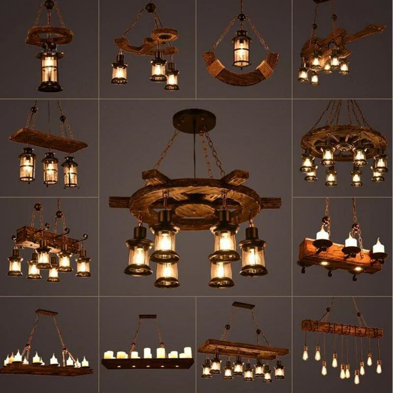 Afralia™ Retro Wood E27 LED Ceiling Chandelier: Antique Industrial Bar Pendant Lights for Vintage Ambiance