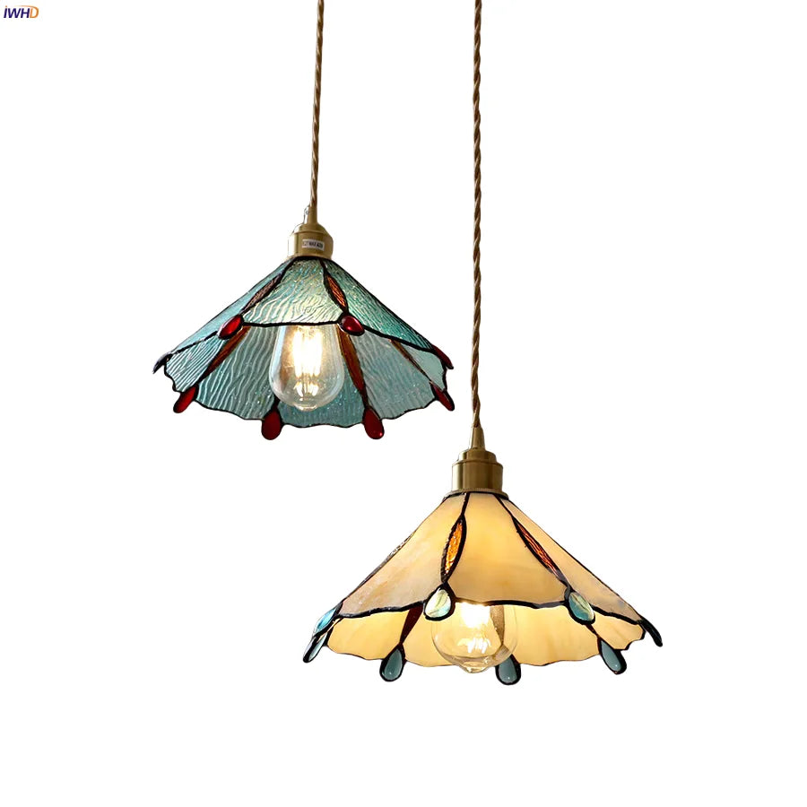 Afralia™ Tiffany Style Glass Copper LED Pendant Lights for Dining Room and Balcony