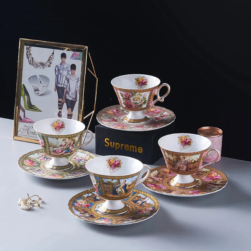 Afralia™ High Foot Rose Bone China Coffee Cup & Saucer Set