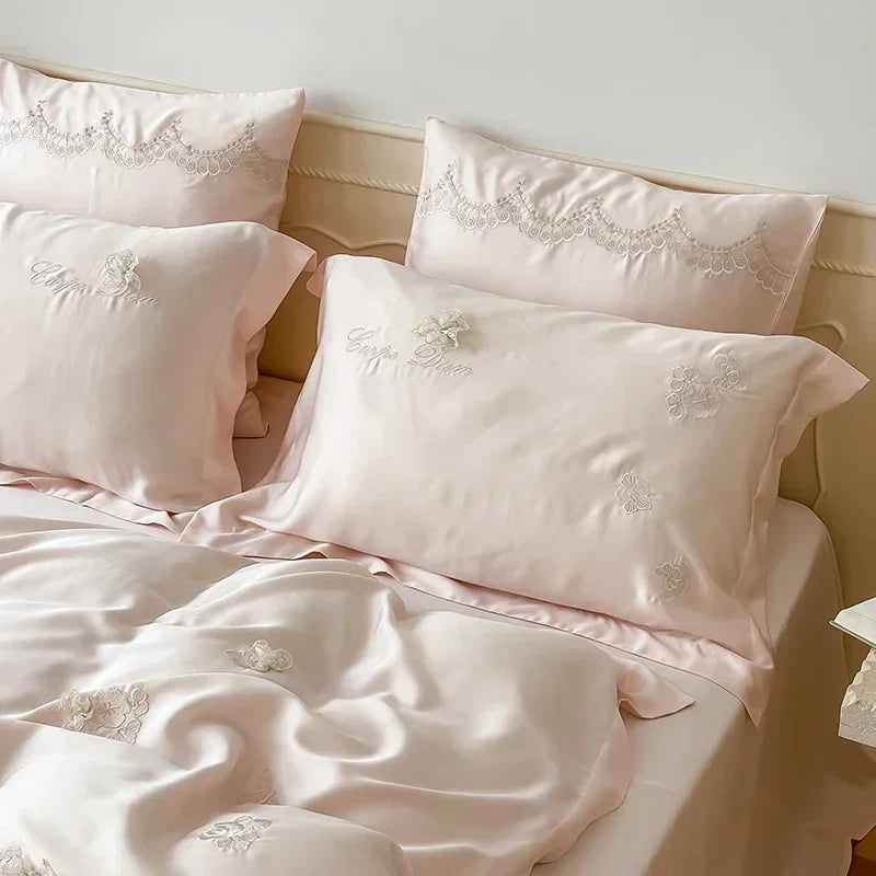 Afralia™ Pink Flower Embroidered Lyocell Bedding Set - High-end Duvet Cover Set