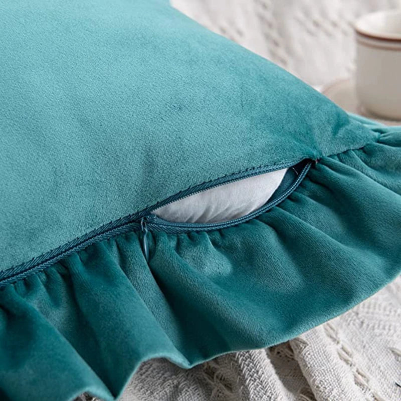 Afralia™ Velvet Ruffle Teal Throw Pillow Covers - Set of 2