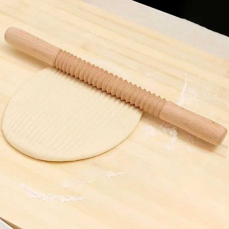 Afralia™ Wooden Threaded Embossing Rolling Pin for Kitchen Baking & Pastry Decor