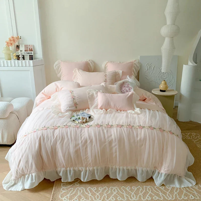 Afralia™ Pink French Princess Lace Ruffles Bedding Set with Pillowcases & Bed Sheet