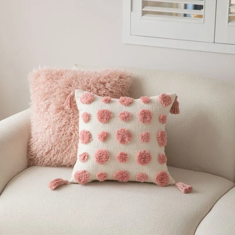 Afralia™ Geometric Embroidered Loop Tufted Throw Pillow Covers - Pink Tufted Cushion Cover