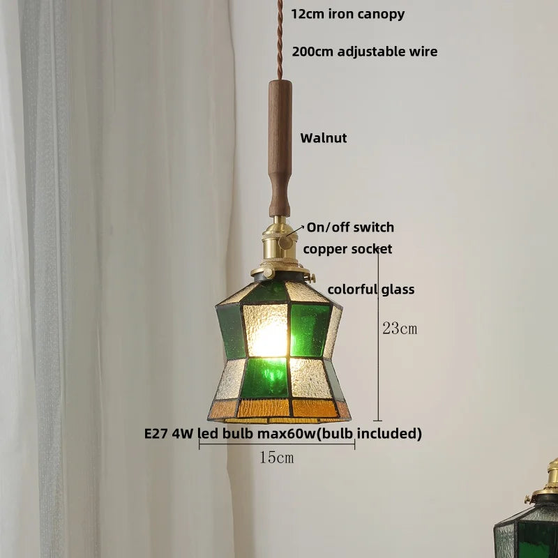 Afralia™ Tiffany Glass LED Pendant Light with Walnut Copper Knob Switch