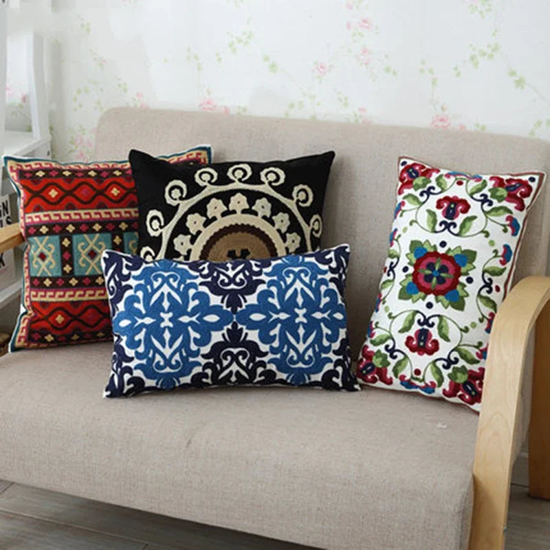 Afralia™ Ethnic Floral Canvas Cotton Embroidered Lumbar Pillow Case 30x50cm