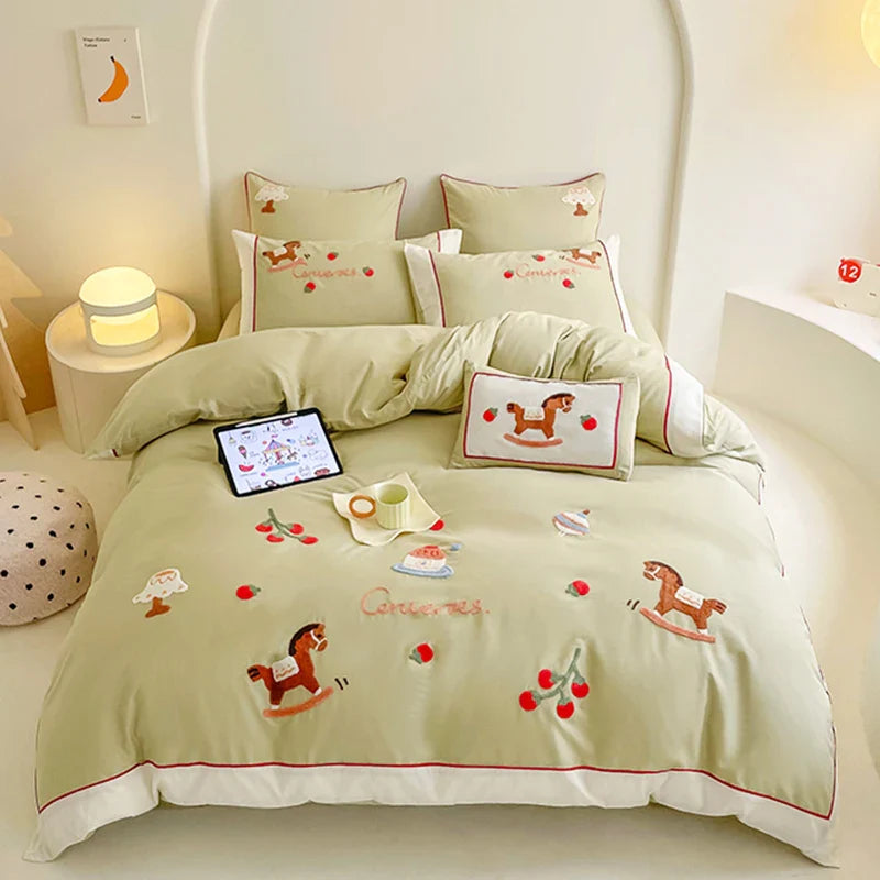 Afralia™ Lucky Trojan Cotton Embroidered Bedding Set: High-end Skin-Friendly Duvet Cover Set