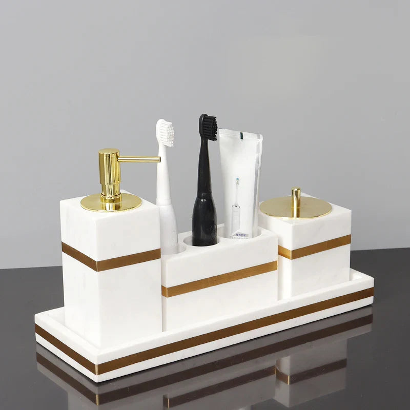 Afralia™ Volakos White Marble Bathroom Set with Golden Accents