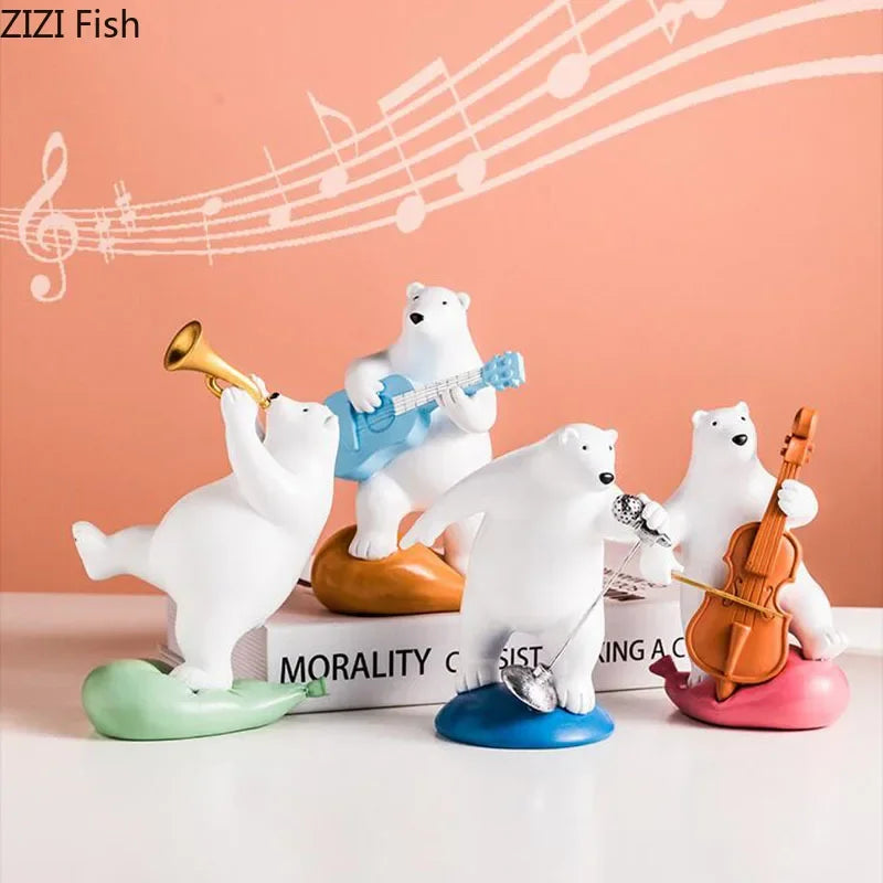 Afralia™ Polar Bears Music Band Figurines Desk Decor Resin Sculpture - Lovely Animal Musicians