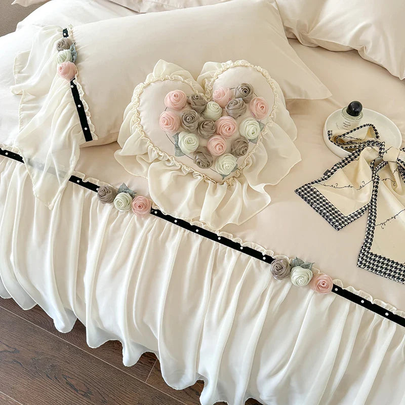 Afralia™ Rose Flowers Lace 1000TC Luxury Princess Wedding Bedding Set