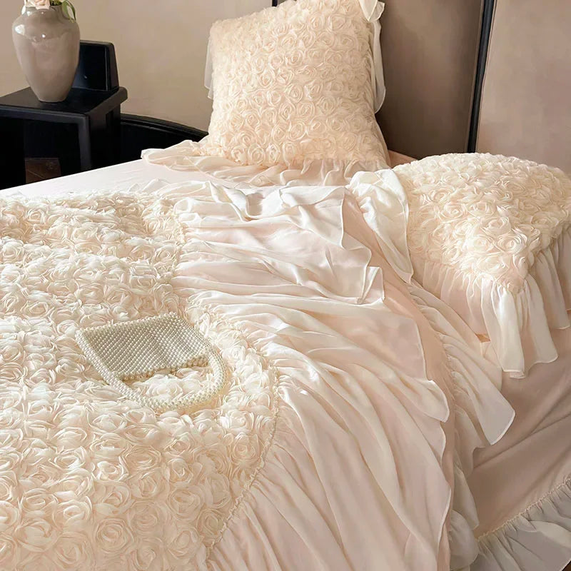 Afralia™ Rose Lace Bedding Set: Romantic Princess Wedding Duvet Cover Bed Sheet Pillowcases