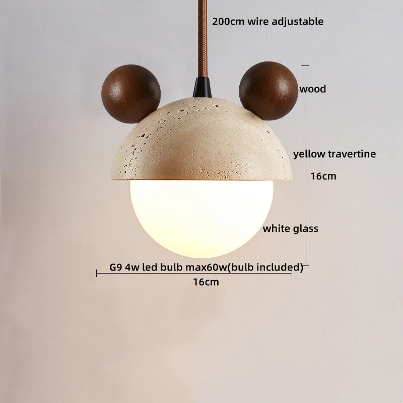 Afralia™ Wood Walnut LED Pendant Light Yellow Trivertine Stone Hanging Lamp