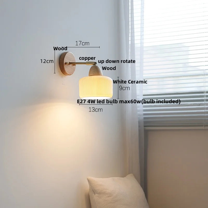 Afralia™ Copper Rotate White Glass Wood Wall Lights LED Bedroom Bedside Lamp