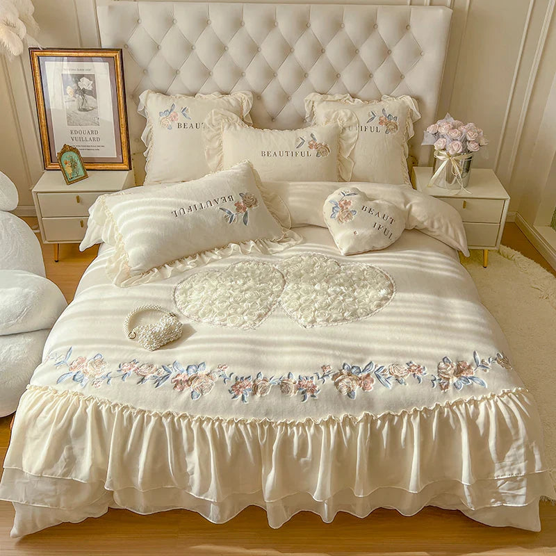 Afralia™ Pink Princess Lace Ruffle Bedding Set with Rose Embroidery, Fleece Duvet Cover, Sheet, Pillowcase