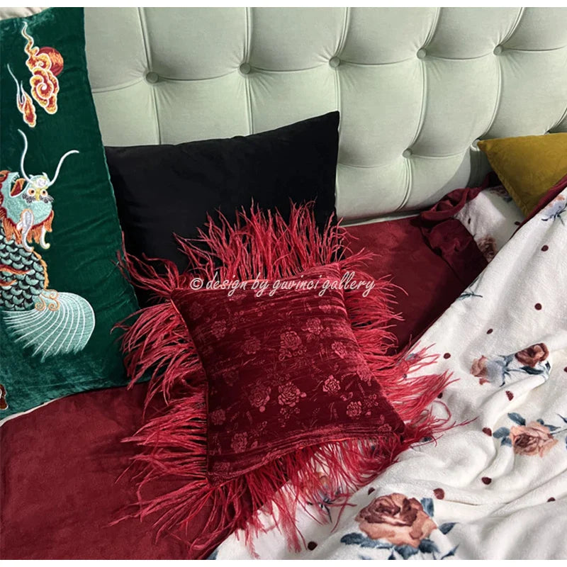 Afralia™ Rose Jacquard Cushion Cover With Feather Fringing, Vintage Red Velvet, 29x29cm