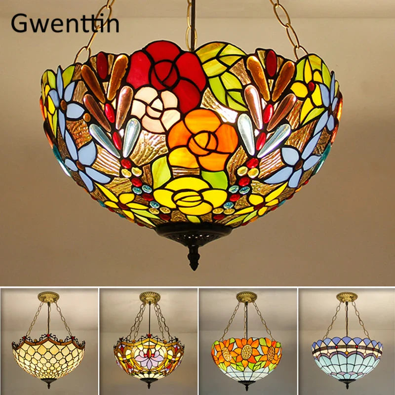 Afralia™ Tiffany Stained Glass Pendant Light Chandelier LED Fixture for Home Deco