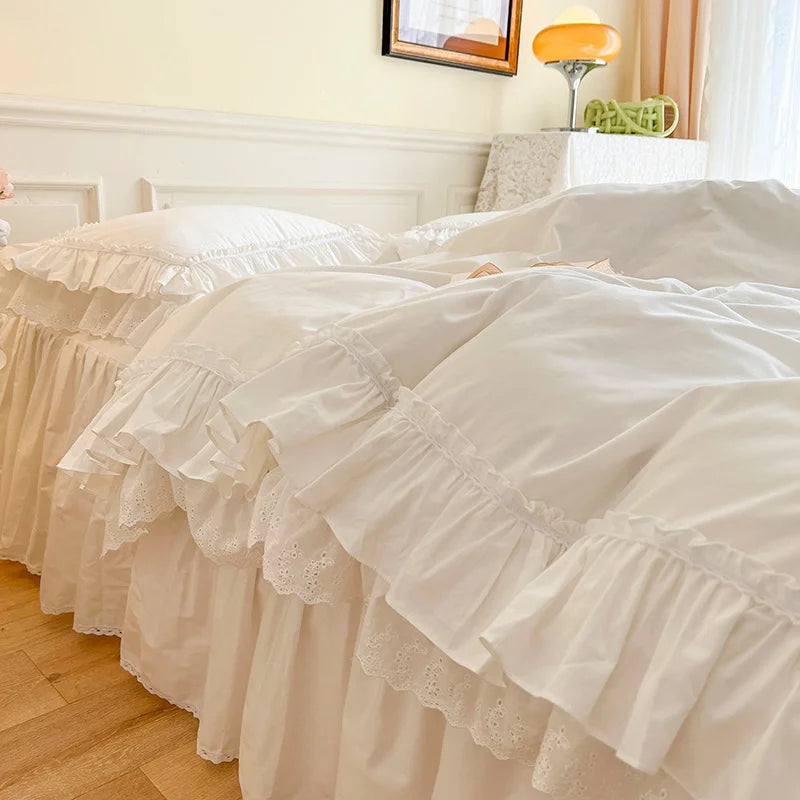 Afralia™ Korean Princess Style Double Ruffle Bedding Set for Queen King Bed