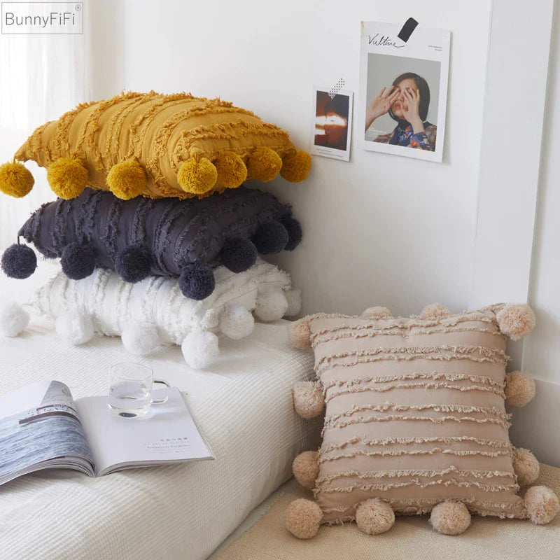 Afralia™ Floral Tassel Cushion Cover: White Yellow Grey Square Pillow case, 45x45cm