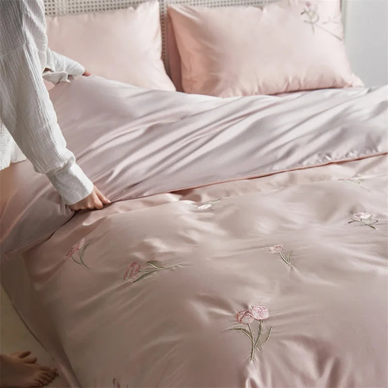 Afralia™ Luxury 100S Long Staple Cotton Embroidery Bedding Set, Ultra Soft Solid Duvet Cover, Double King Size