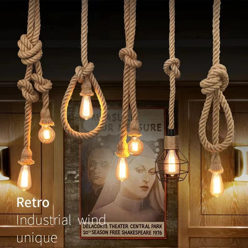 Afralia™ Hemp Rope Pendant Lights for Kitchen Cafe Bar Decor by Loft E27 Rope Light Base