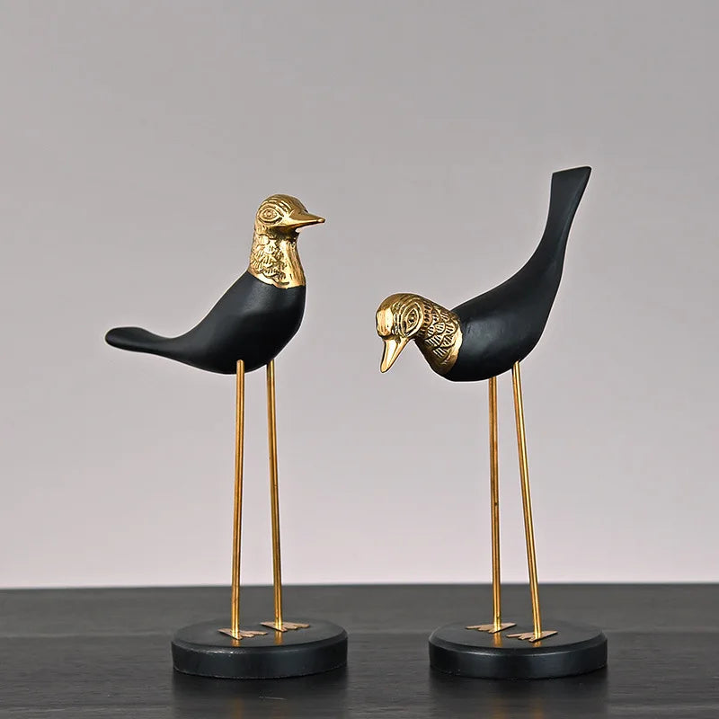 Afralia™ Wooden Crane Swan Brass Sculpture Home Decor Figurine