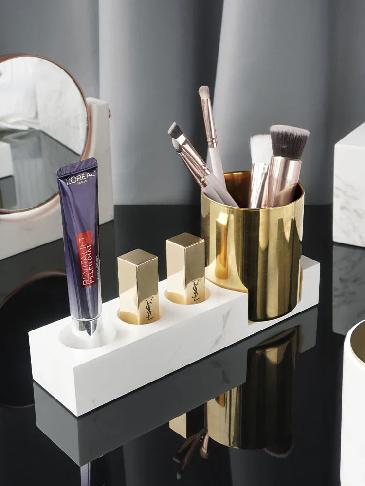 Afralia™ Volakos White Marble Bathroom Set: Soap Dispenser, Makeup Rack, Vanity Tray