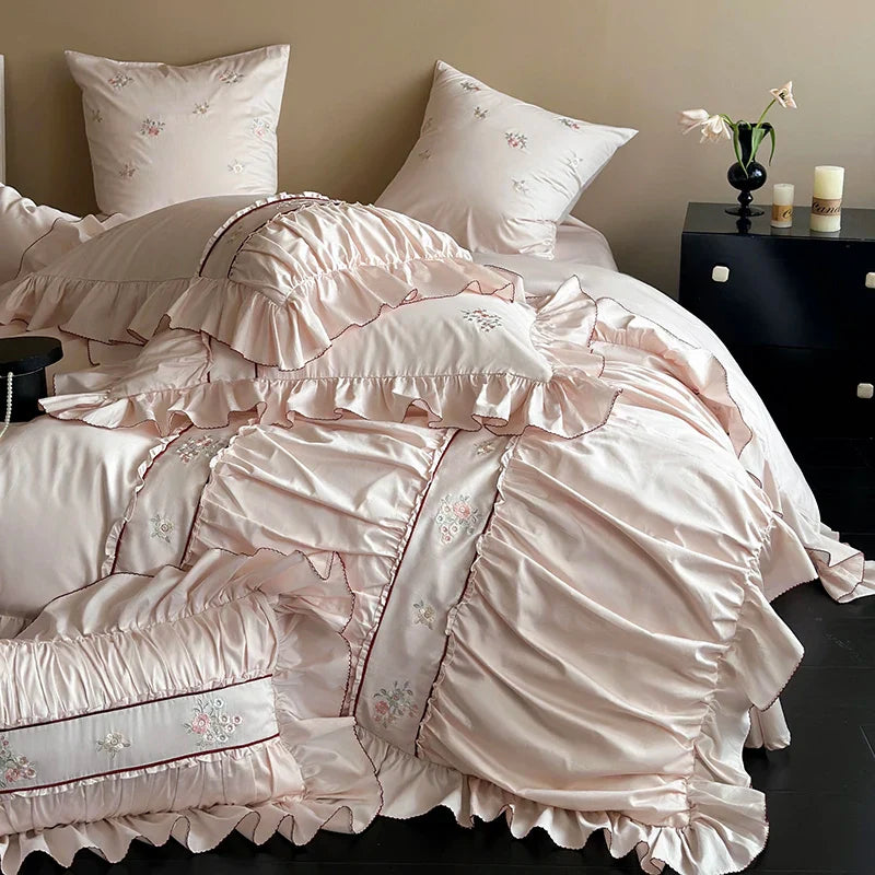 Afralia™ 1000TC Cotton Flowers Embroidery Lace Ruffles Bedding Set