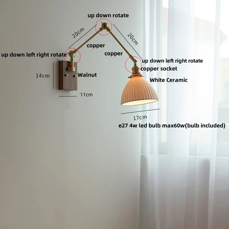 Afralia™ Rotatable 2 Swing Arms LED Wall Lamps, Walnut Wood Nordic Modern Ceramic Stair Light