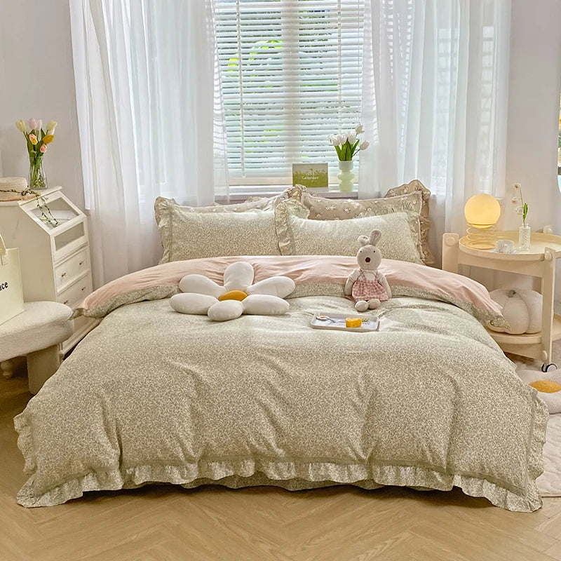 Afralia™ Princess Floral Cotton Bedding Set with Ruffled Edge