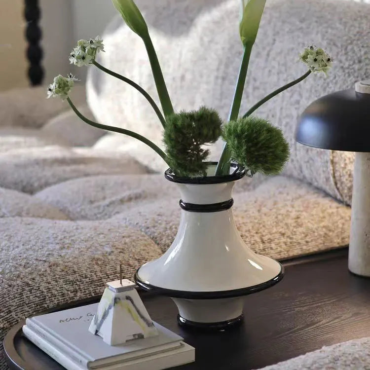 Afralia™ Geometric Black White Stripes Ceramic Vase Home Decor Floral Arrangement