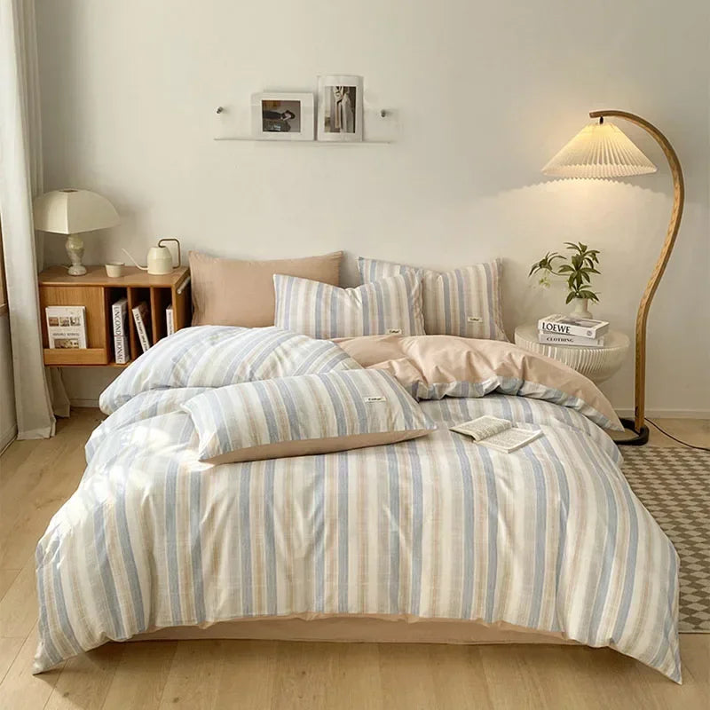 Afralia™ Grid Printed Cotton Fitted Sheet Set - Double-Sided Mix Color Quilt Cover