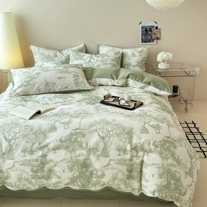 Afralia™ Forest Plant Ink Print Cotton Bedding Set: Duvet, Sheet, Pillowcases - Single to King