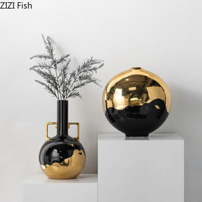Afralia™ Black Golden Ceramic Vase Desk Decoration Minimalism Aesthetic Floral Room Decor