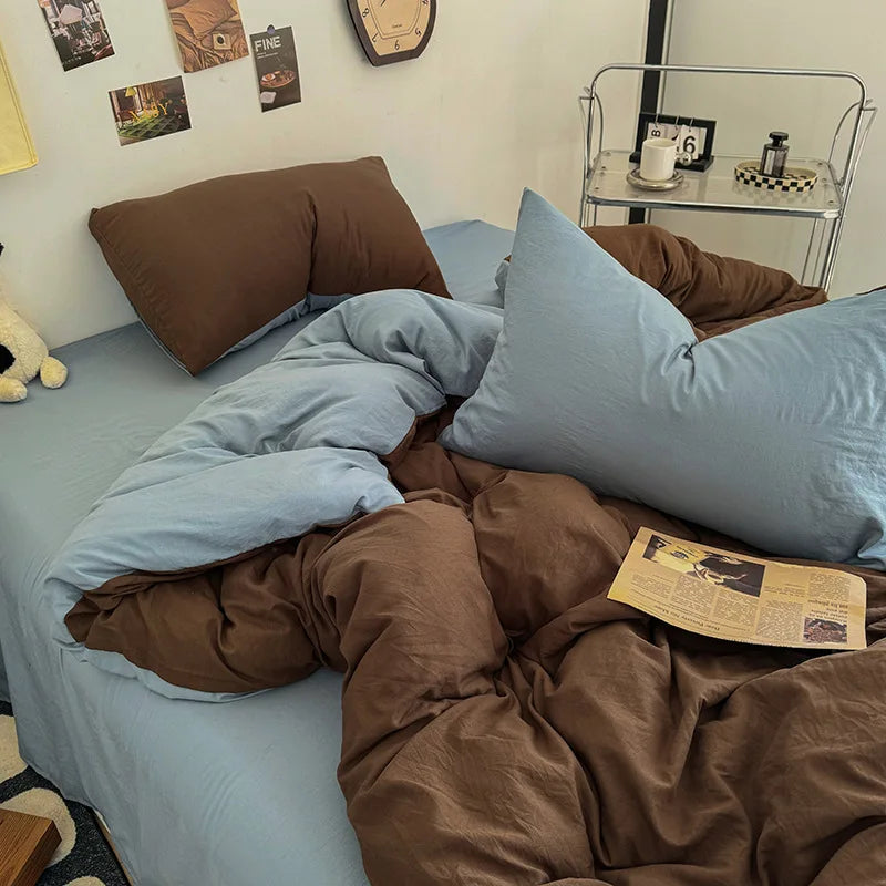 Afralia™ Two-Tone Washed Cotton Bedding Set Soft Duvet Cover for Student Dorm Home