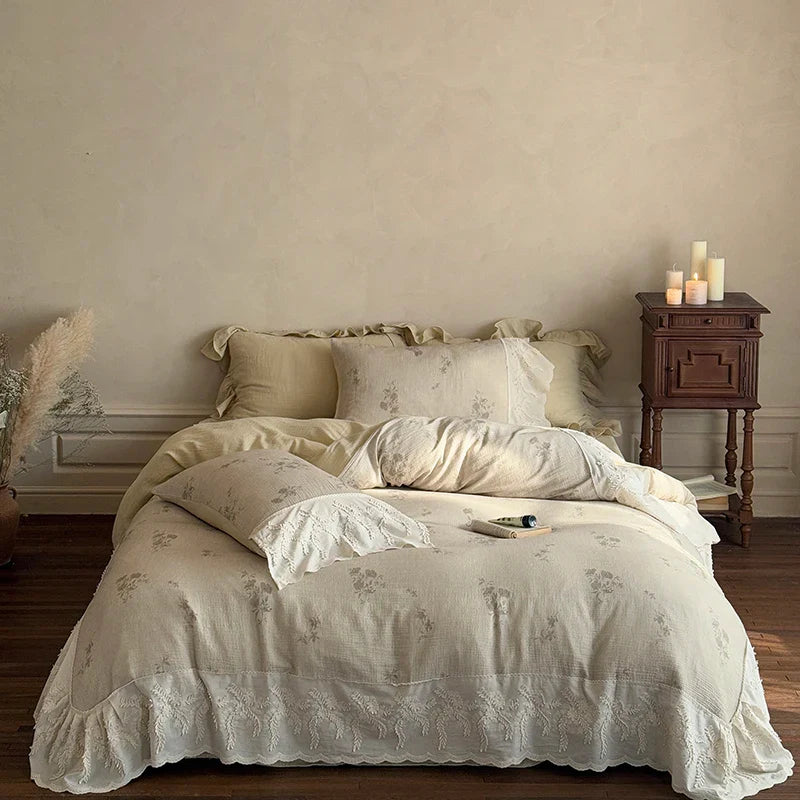 Afralia™ French Lace Flowers Bedding Set, 100% Cotton Double Layer, Soft Duvet Cover, Bed Sheet, Pillowcases