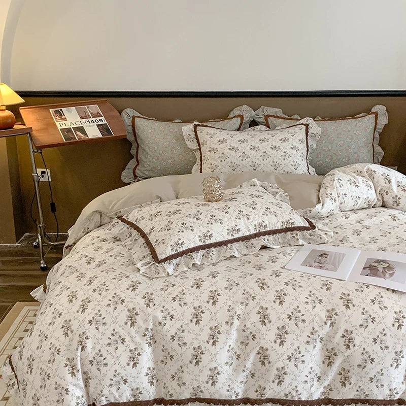 Afralia™ French Floral Bedding Set, 100% Cotton, Ruffles, Duvet Cover, Bed Sheet, Pillowcases