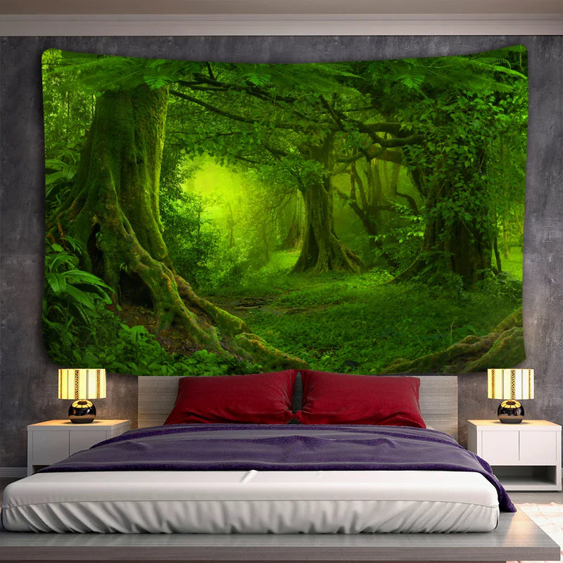 Green Leaf Forest Tapestry Wall Hanging by Afralia™ - Nature Scenery Boho Hippie Decor