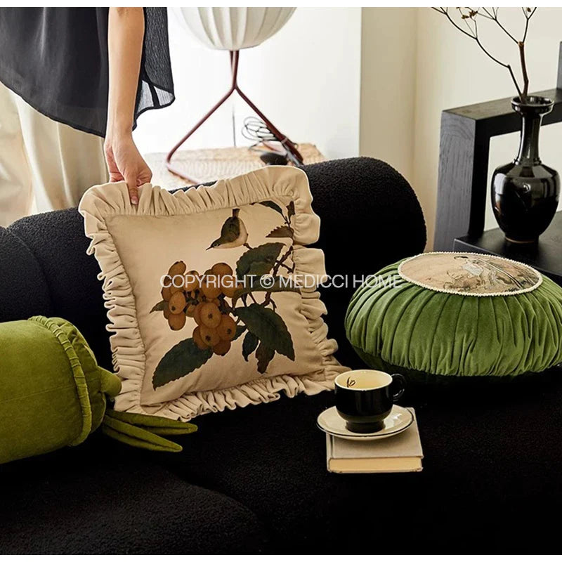 Afralia™ Loquat Plant Bird Velvet Cushion Cover 43x43cm - Orientalism Style Home Decor