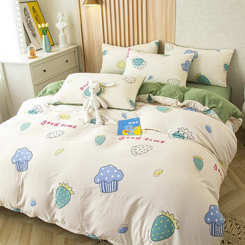 Afralia™ Simple Flower Print 4Pcs Bedding Set - Single Queen Size Girls Boys Bedding