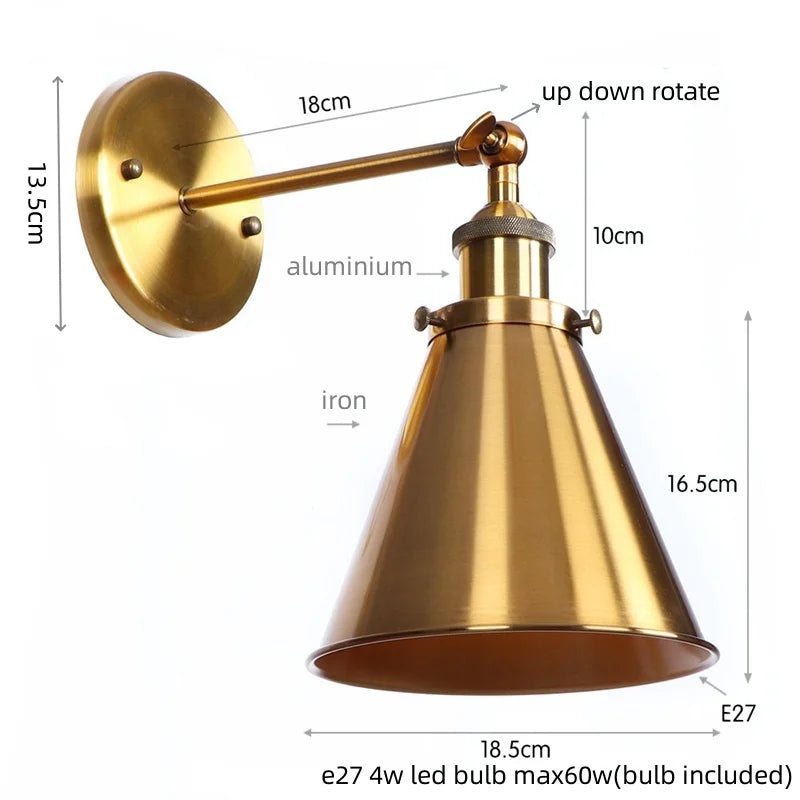 Afralia™ Vintage Industrial Gold Wall Lamp for Restaurant Coffee Bar Stair Bedroom Loft