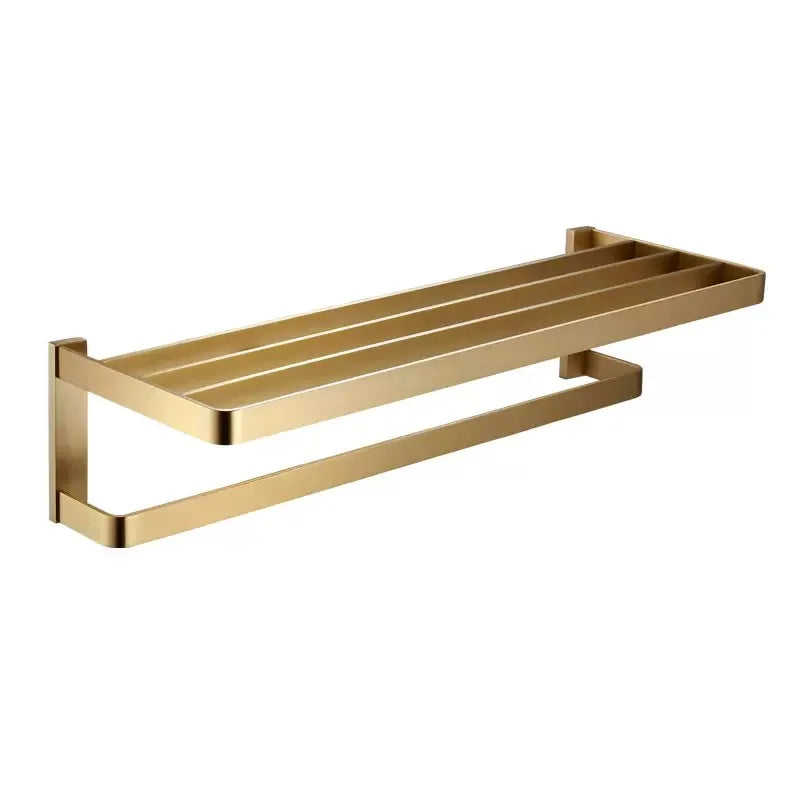 Afralia™ Brass Bath Hardware Set: Shelf, Towel Rack, Paper & Toilet Brush Holder in Brushed Gold